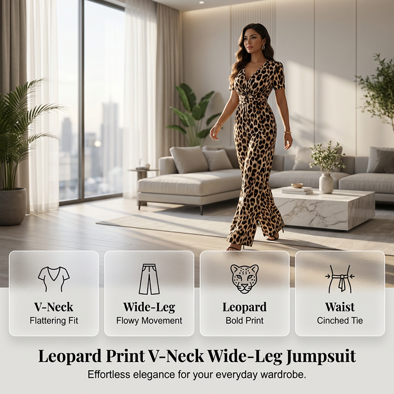 Leopard Print V-Neck Wide-Leg Jumpsuit