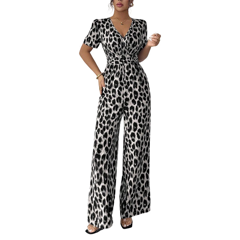 Leopard Print V-Neck Wide-Leg Jumpsuit